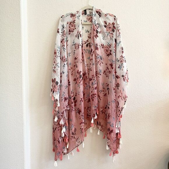Lane Bryant Pink Floral Cardigan Duster Tassels Kimono One Size Women - Picture 5 of 10